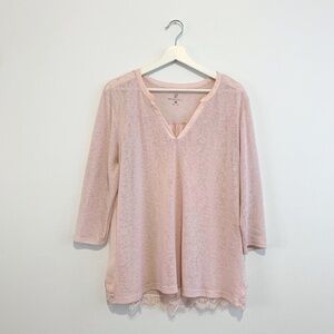 NY & Co. Pretty in Pink Woman's Knit Blouse Y2k Vintage Top Comfy Sheer Lace XL